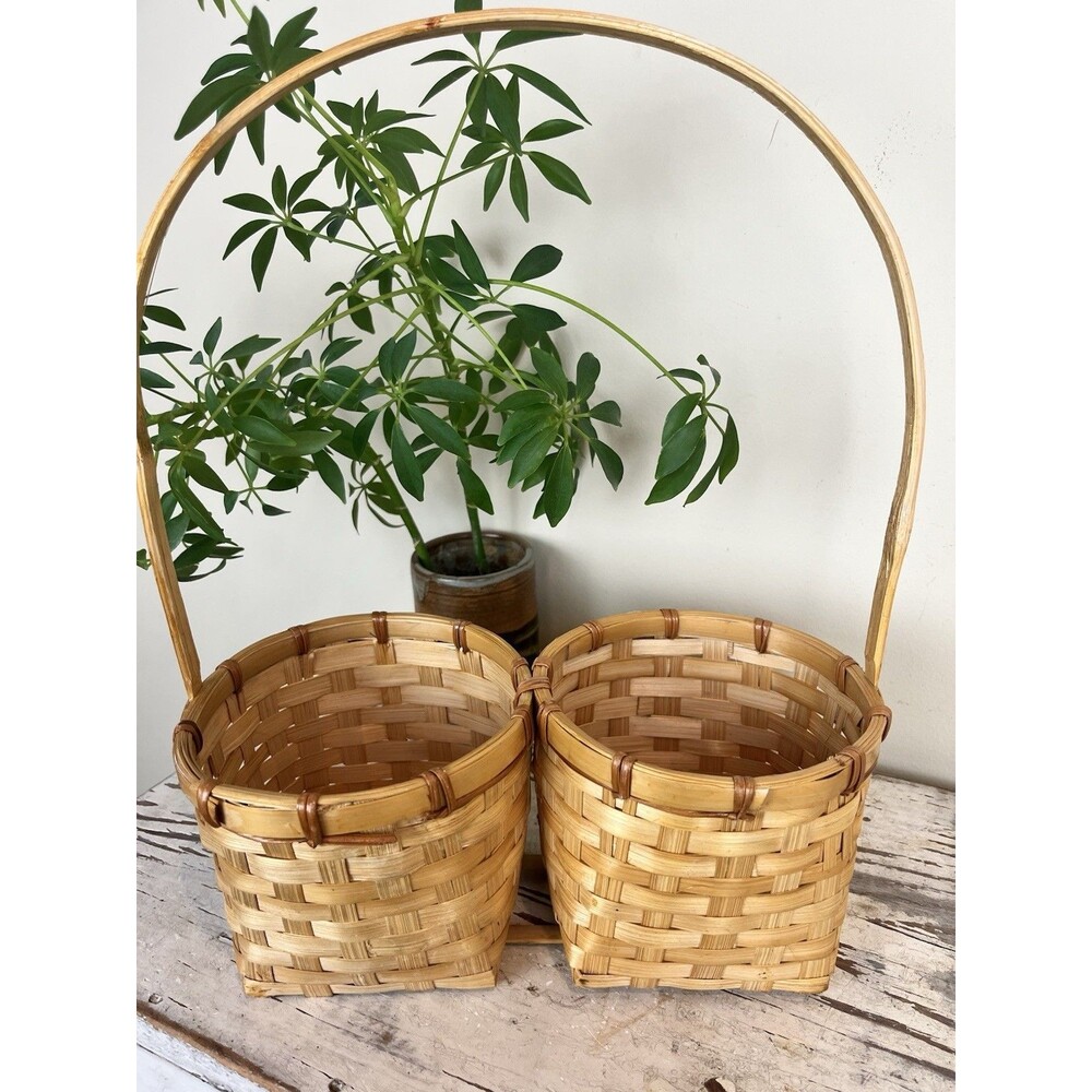 Vintage MCM Dual Woven Wicker Basket Planter / Utensils Server / Boho / Retro
